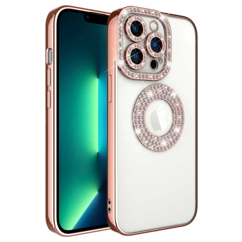 Apple iPhone 13 Pro Kılıf Kamera Korumalı Taş Süslemeli Arkası Şeffaf Zore Asya Kapak