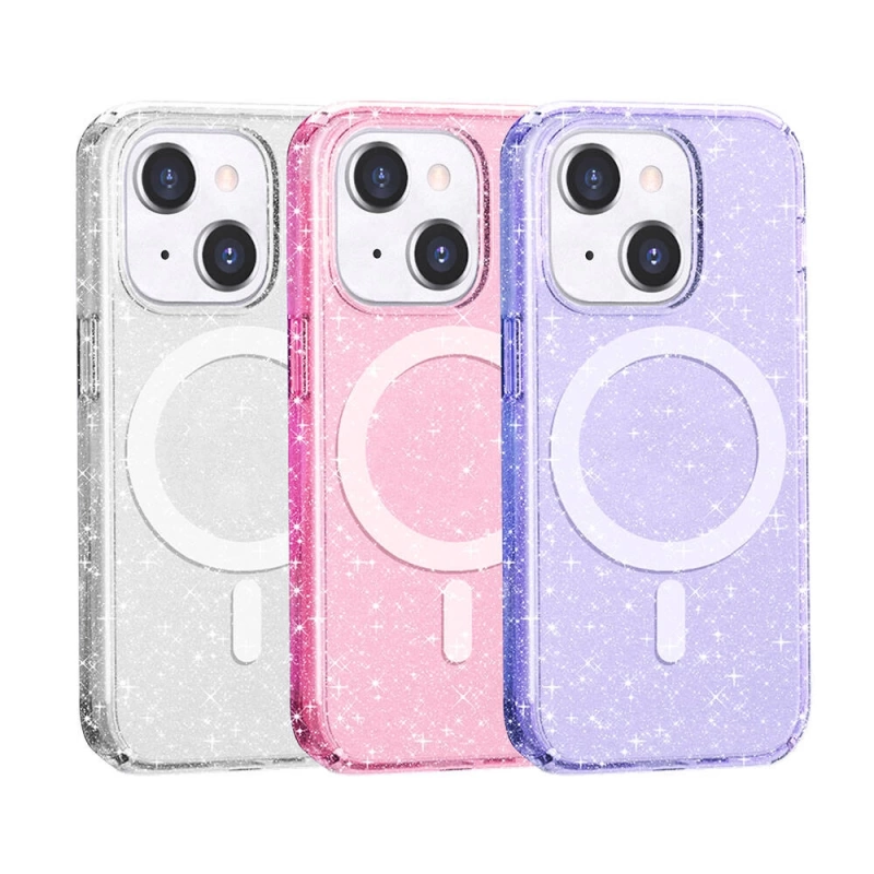 Apple iPhone 14 Kılıf M-safe Şarj Özellikli Parlayan Simli Saydam Renkli Zore Allstar Kapak