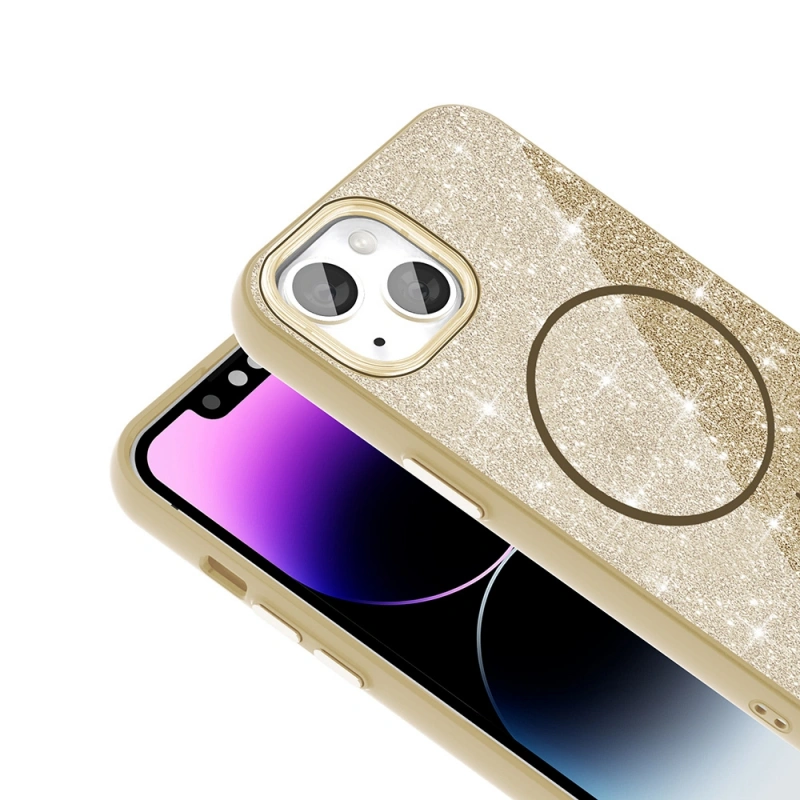 Apple iPhone 14 Kılıf M-safe Şarj Özellikli Parlayan Simli Zore Okso Kapak