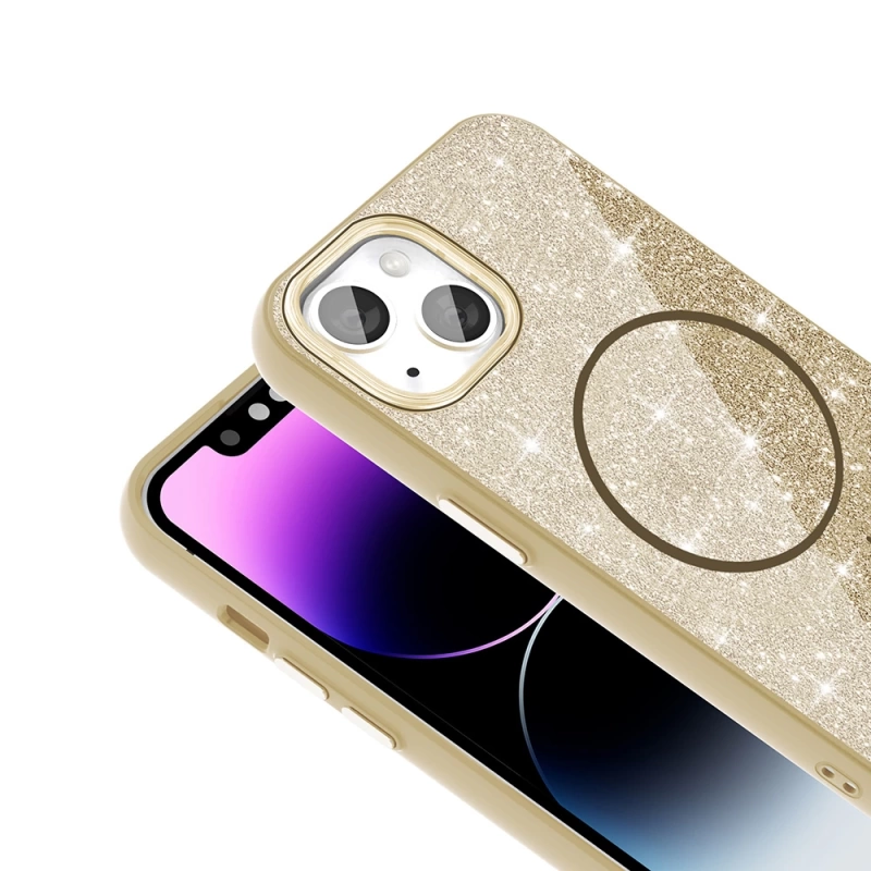 Apple iPhone 14 Kılıf M-safe Şarj Özellikli Parlayan Simli Zore Okso Kapak