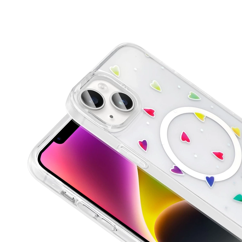 Apple iPhone 14 Kılıf M-Safe Şarj Özellikli Şeffaf Zore Folk Sert Kapak