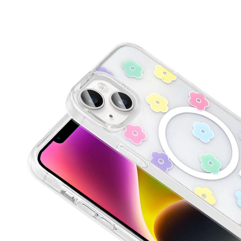 Apple iPhone 14 Kılıf M-Safe Şarj Özellikli Şeffaf Zore Folk Sert Kapak
