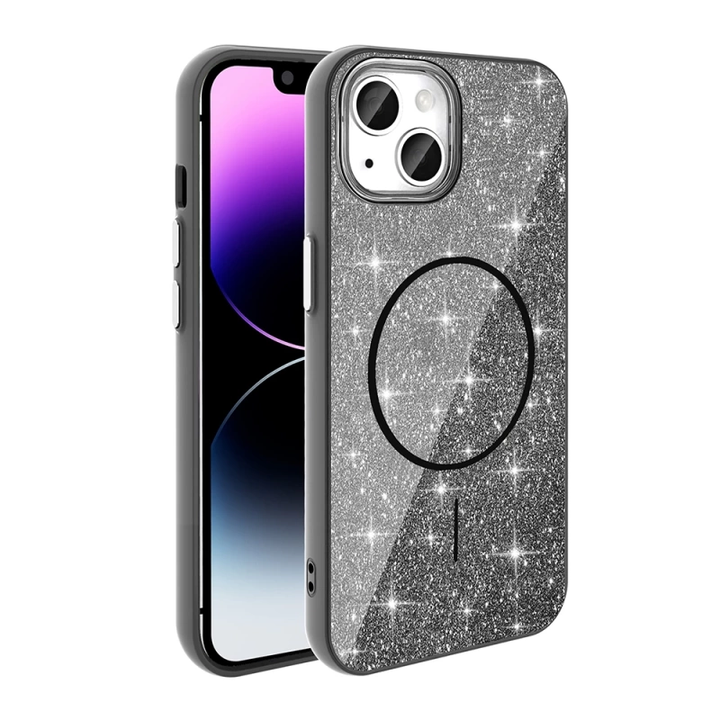 Apple iPhone 14 Kılıf M-safe Şarj Özellikli Parlayan Simli Zore Okso Kapak