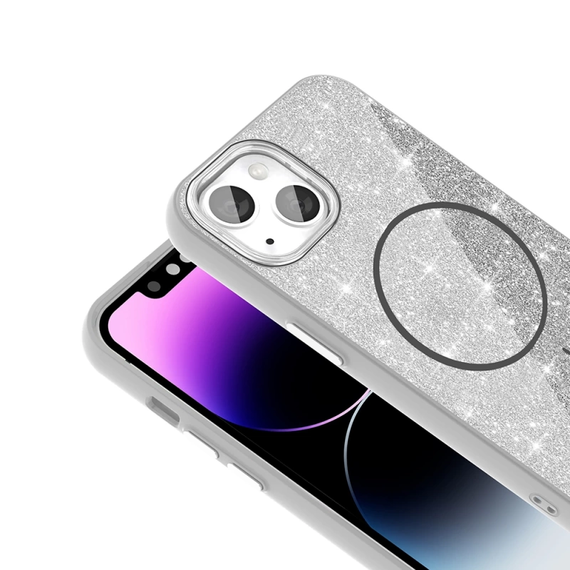 Apple iPhone 14 Kılıf M-safe Şarj Özellikli Parlayan Simli Zore Okso Kapak