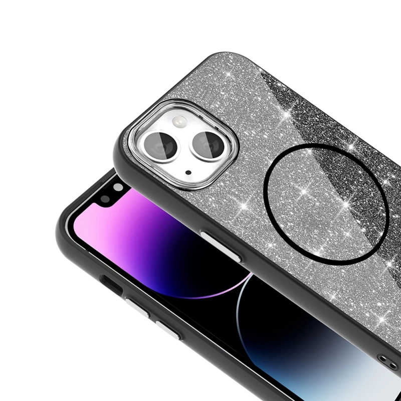 Apple iPhone 14 Kılıf M-safe Şarj Özellikli Parlayan Simli Zore Okso Kapak