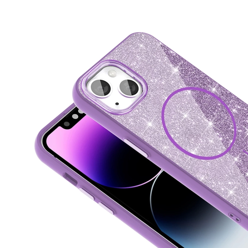 Apple iPhone 14 Kılıf M-safe Şarj Özellikli Parlayan Simli Zore Okso Kapak