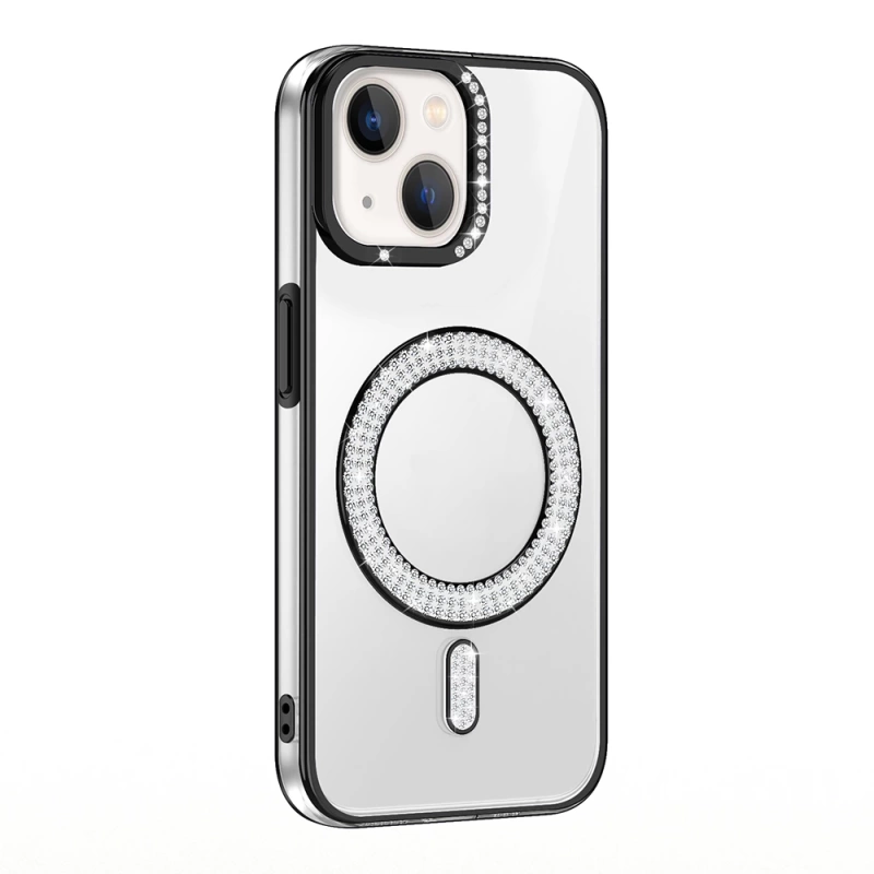 Apple iPhone 14 Kılıf Pırlanta Taş Tasarımlı M-safe Şarj Özellikli Zore Karetta Silikon Kapak