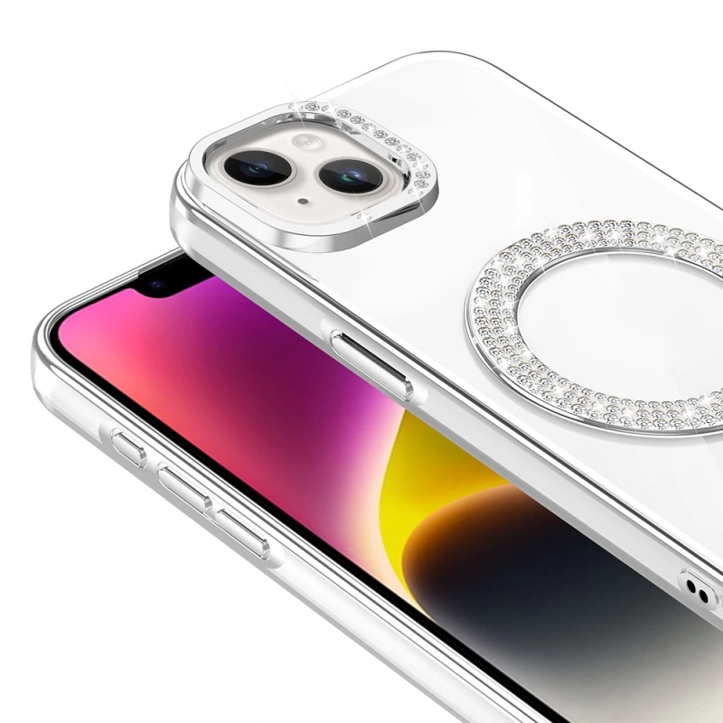 Apple iPhone 14 Kılıf Pırlanta Taş Tasarımlı M-safe Şarj Özellikli Zore Karetta Silikon Kapak