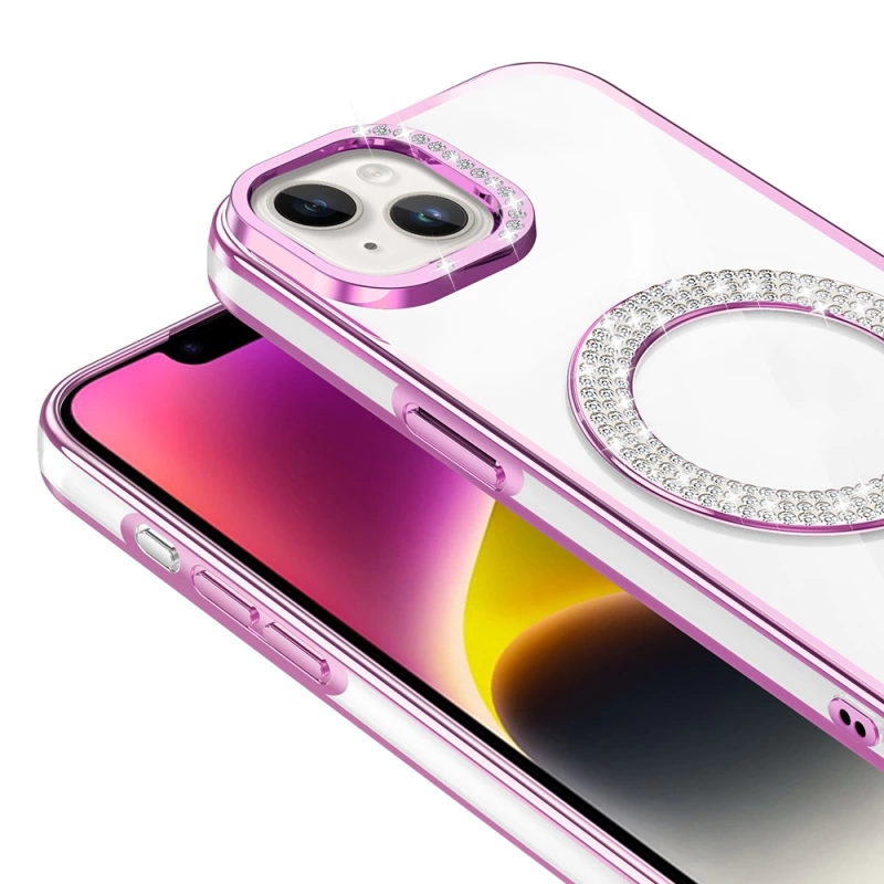 Apple iPhone 14 Kılıf Pırlanta Taş Tasarımlı M-safe Şarj Özellikli Zore Karetta Silikon Kapak