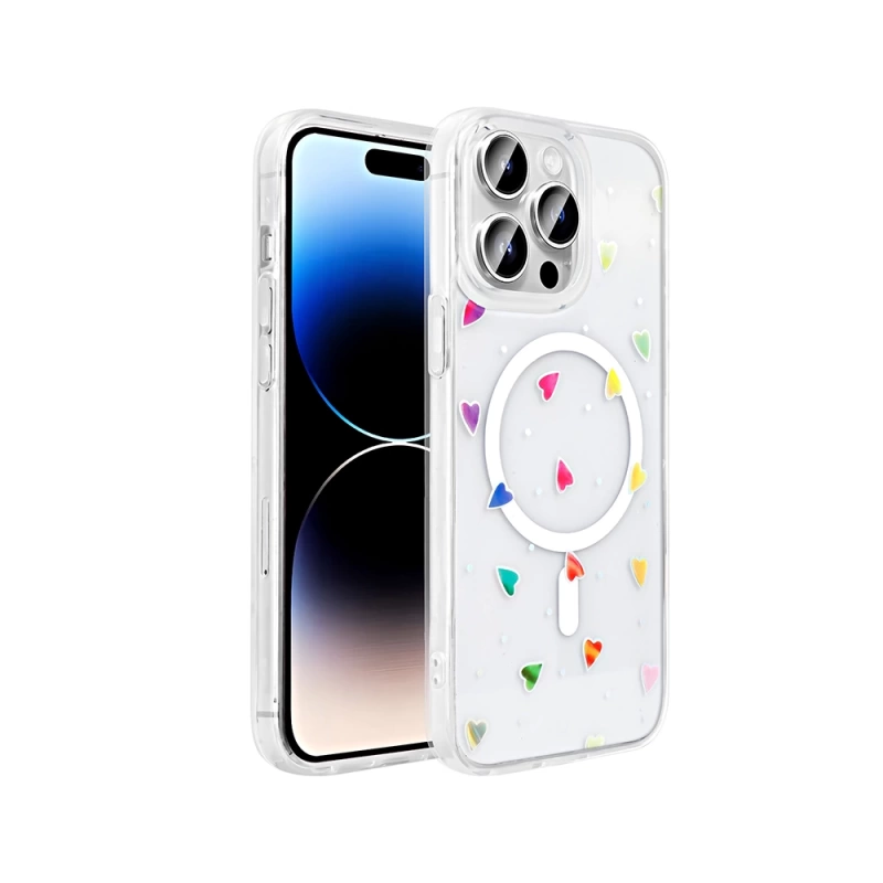 Apple iPhone 14 Pro Max Kılıf M-Safe Şarj Özellikli Şeffaf Zore Folk Sert Kapak