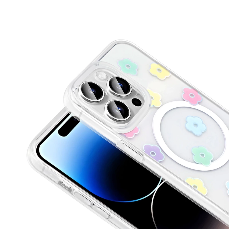 Apple iPhone 14 Pro Max Kılıf M-Safe Şarj Özellikli Şeffaf Zore Folk Sert Kapak