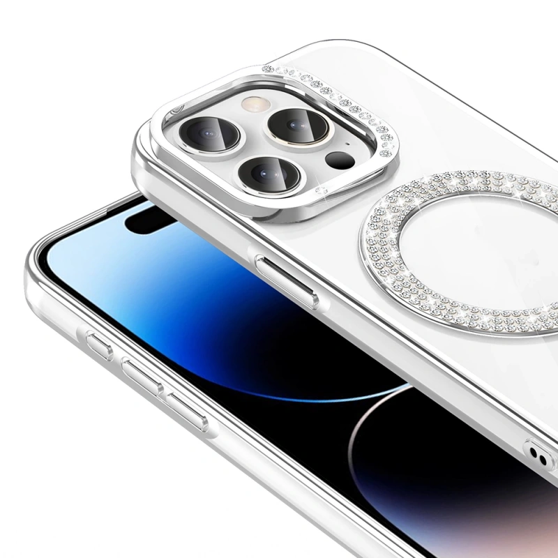 Apple iPhone 14 Pro Max Kılıf Pırlanta Taş Tasarımlı M-safe Şarj Özellikli Zore Karetta Silikon Kapak