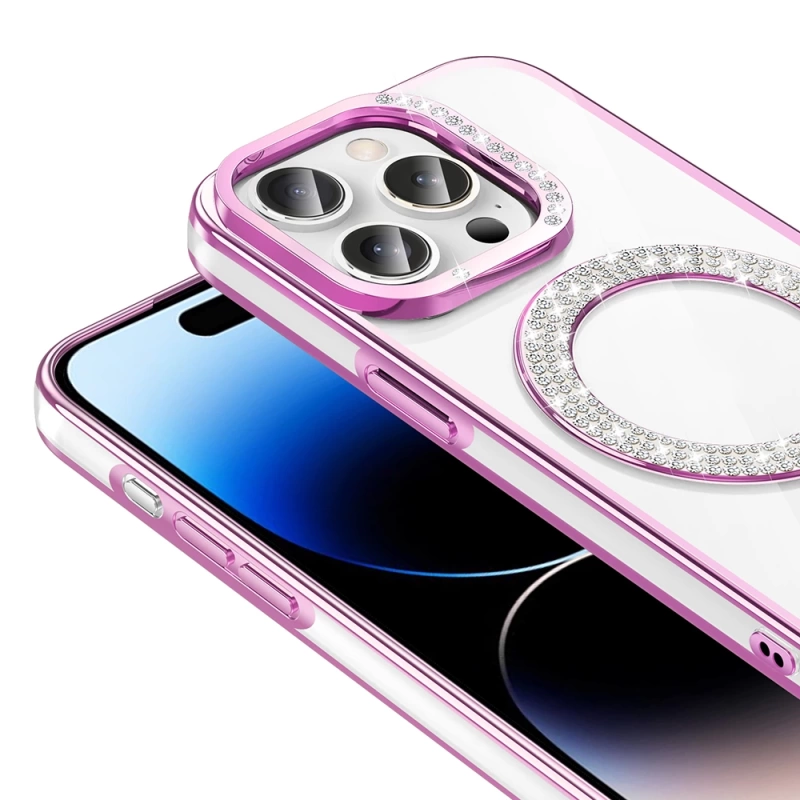 Apple iPhone 14 Pro Max Kılıf Pırlanta Taş Tasarımlı M-safe Şarj Özellikli Zore Karetta Silikon Kapak