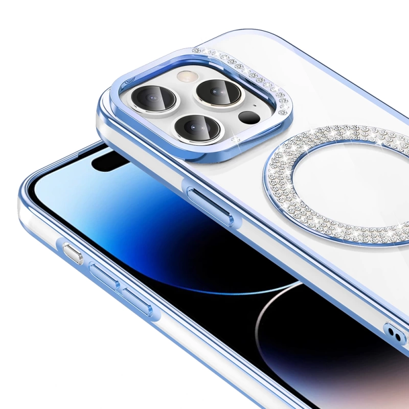 Apple iPhone 14 Pro Max Kılıf Pırlanta Taş Tasarımlı M-safe Şarj Özellikli Zore Karetta Silikon Kapak
