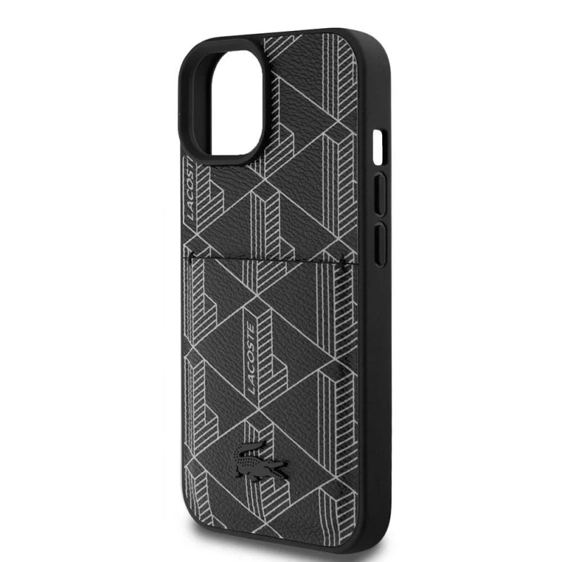 Apple iPhone 15 Kılıf Lacoste Orjinal Lisanslı M-safe Şarj Özellikli PU Deri Görünümlü Kartlıklı Karışık Monogram Desenli Kapak