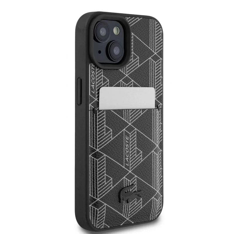 Apple iPhone 15 Kılıf Lacoste Orjinal Lisanslı M-safe Şarj Özellikli PU Deri Görünümlü Kartlıklı Karışık Monogram Desenli Kapak
