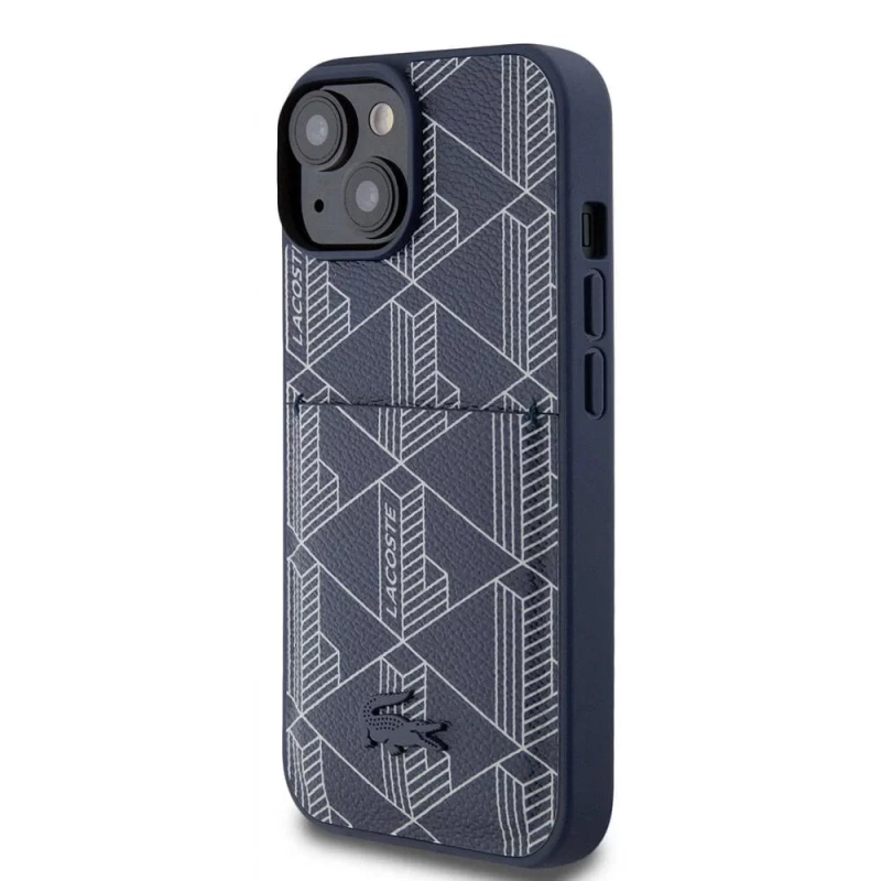 Apple iPhone 15 Kılıf Lacoste Orjinal Lisanslı M-safe Şarj Özellikli PU Deri Görünümlü Kartlıklı Karışık Monogram Desenli Kapak