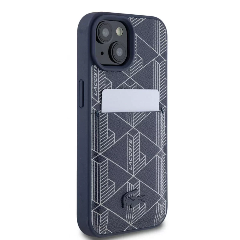 Apple iPhone 15 Kılıf Lacoste Orjinal Lisanslı M-safe Şarj Özellikli PU Deri Görünümlü Kartlıklı Karışık Monogram Desenli Kapak