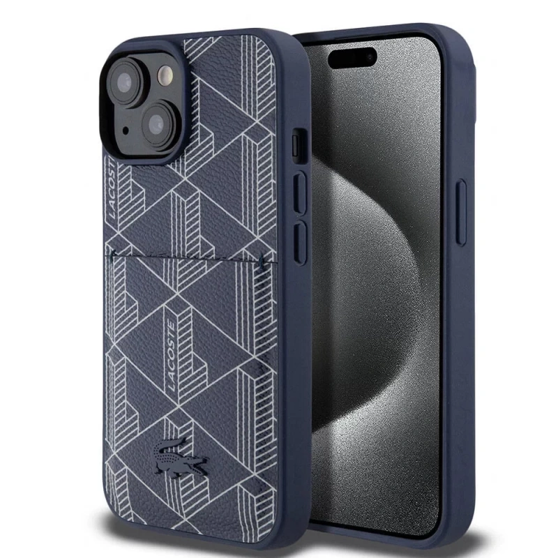Apple iPhone 15 Kılıf Lacoste Orjinal Lisanslı M-safe Şarj Özellikli PU Deri Görünümlü Kartlıklı Karışık Monogram Desenli Kapak