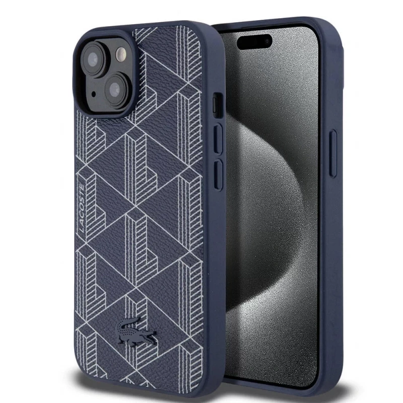 Apple iPhone 15 Kılıf Lacoste Orjinal Lisanslı M-safe Şarj Özellikli PU Deri Görünümlü Karışık Monogram Desenli Kapak