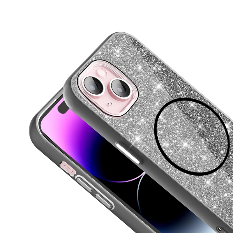 Apple iPhone 15 Kılıf M-safe Şarj Özellikli Parlayan Simli Zore Okso Kapak