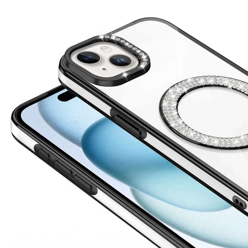 Apple iPhone 15 Kılıf Pırlanta Taş Tasarımlı M-safe Şarj Özellikli Zore Karetta Silikon Kapak