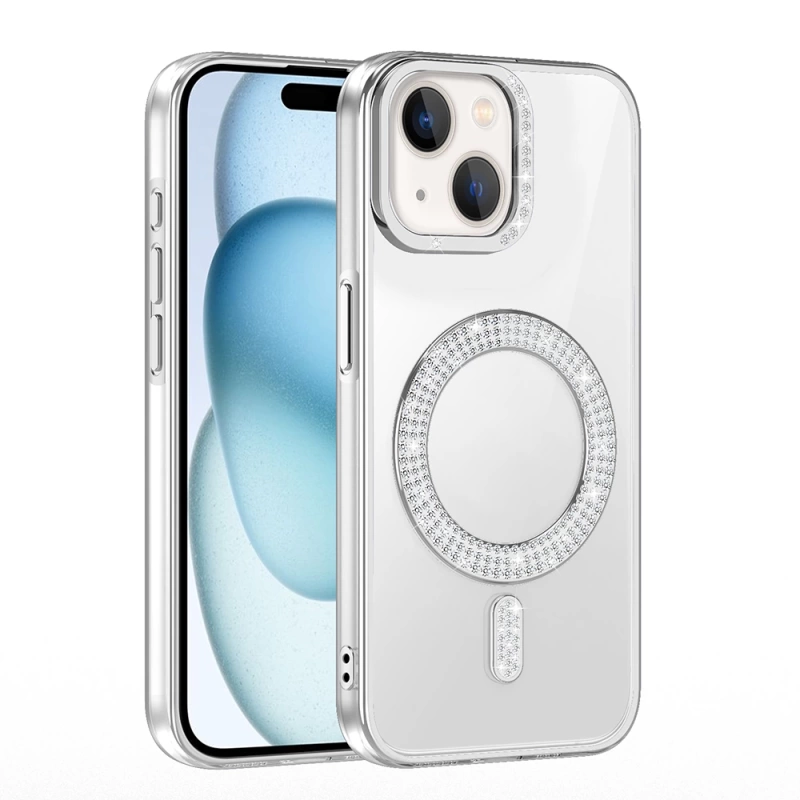 Apple iPhone 15 Kılıf Pırlanta Taş Tasarımlı M-safe Şarj Özellikli Zore Karetta Silikon Kapak