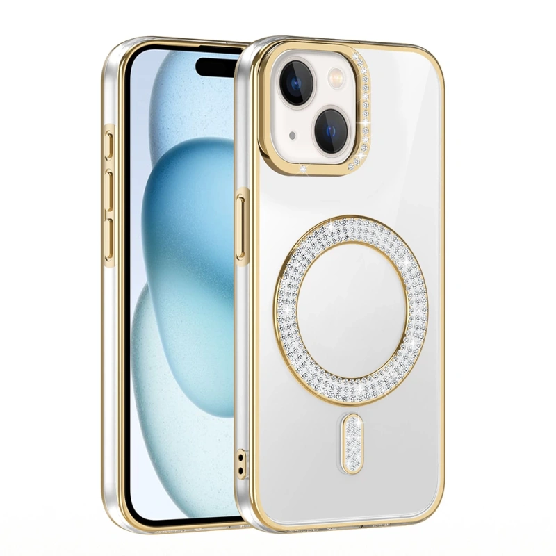 Apple iPhone 15 Kılıf Pırlanta Taş Tasarımlı M-safe Şarj Özellikli Zore Karetta Silikon Kapak