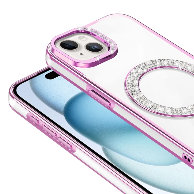 Apple iPhone 15 Kılıf Pırlanta Taş Tasarımlı M-safe Şarj Özellikli Zore Karetta Silikon Kapak