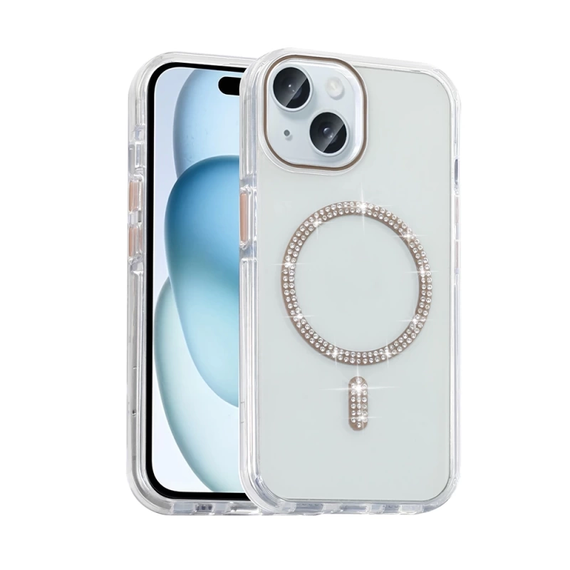 Apple iPhone 15 Kılıf Taşlı Tasarım M-safe Şarj Özellikli Zore Koment Silikon Kapak