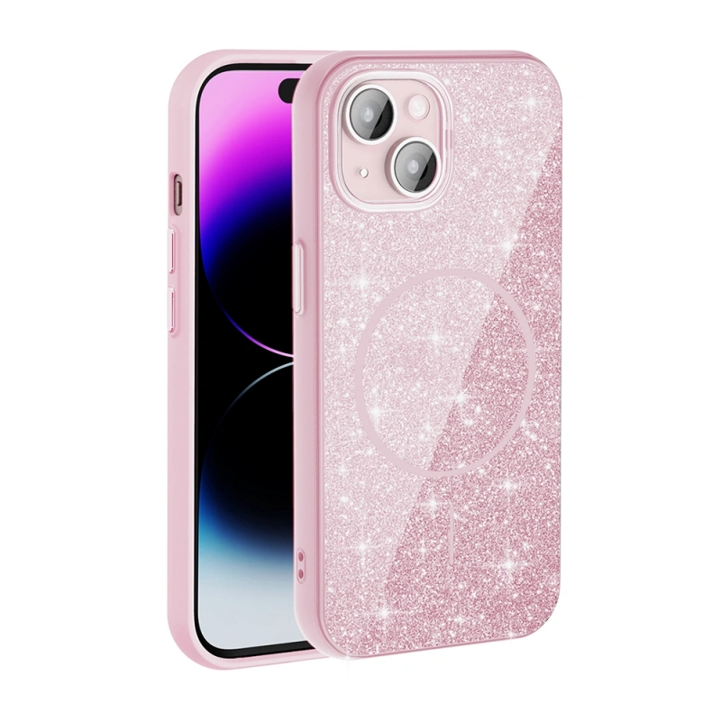 Apple iPhone 15 Plus Kılıf M-safe Şarj Özellikli Parlayan Simli Zore Okso Kapak