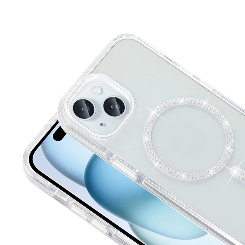 Apple iPhone 15 Plus Kılıf Taşlı Tasarım M-safe Şarj Özellikli Zore Koment Silikon Kapak