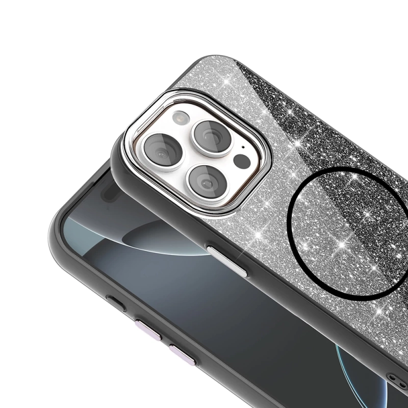 Apple iPhone 15 Pro Kılıf M-safe Şarj Özellikli Parlayan Simli Zore Okso Kapak