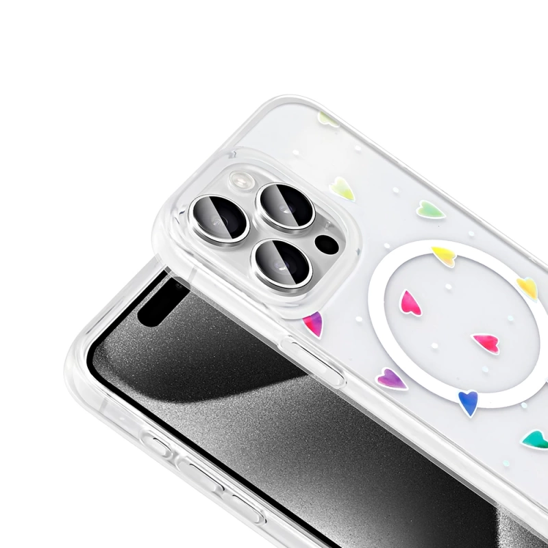 Apple iPhone 15 Pro Kılıf M-Safe Şarj Özellikli Şeffaf Zore Folk Sert Kapak