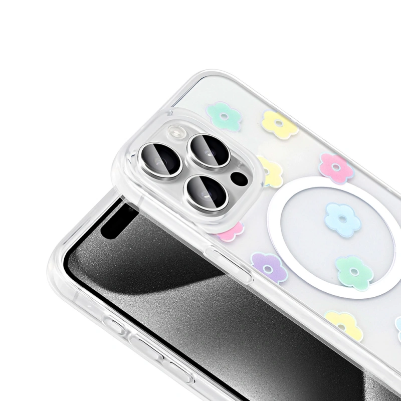 Apple iPhone 15 Pro Kılıf M-Safe Şarj Özellikli Şeffaf Zore Folk Sert Kapak