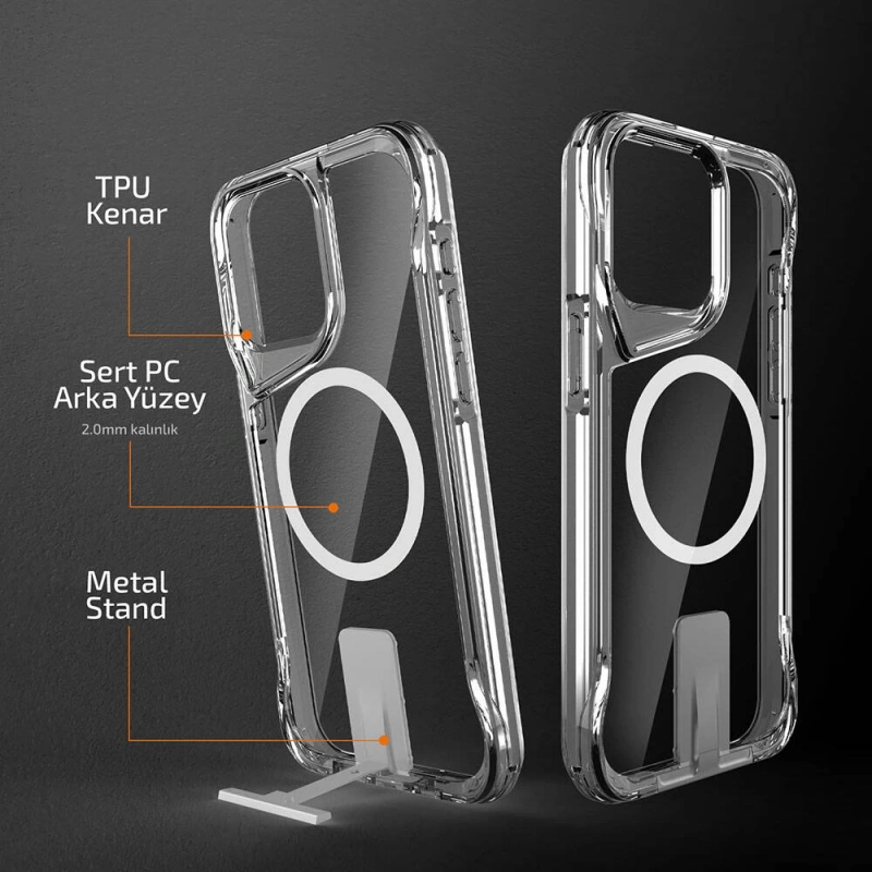 Apple iPhone 15 Pro Kılıf M-safe Şarj Özellikli Zore T-Max Standlı Kapak