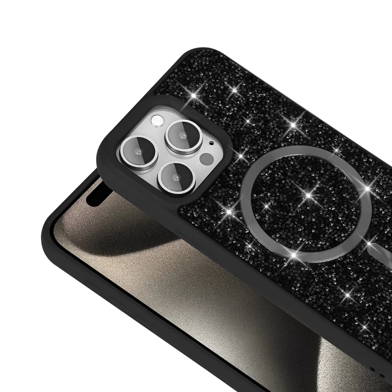 Apple iPhone 15 Pro Kılıf Pırlanta Tasarımlı M-safe Şarj Özellikli Zore Mozaik Silikon Kapak