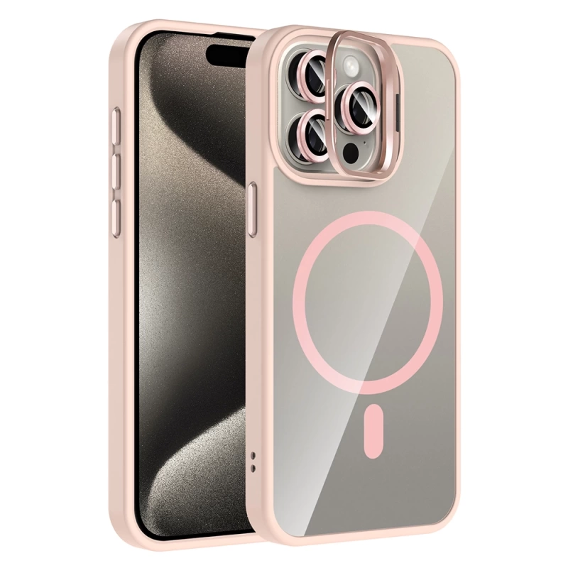 Apple iPhone 15 Pro Kılıf Standlı ve Kamera Lens Hediyeli M-Safe Şarj Özellikli Zore Etro Kapak