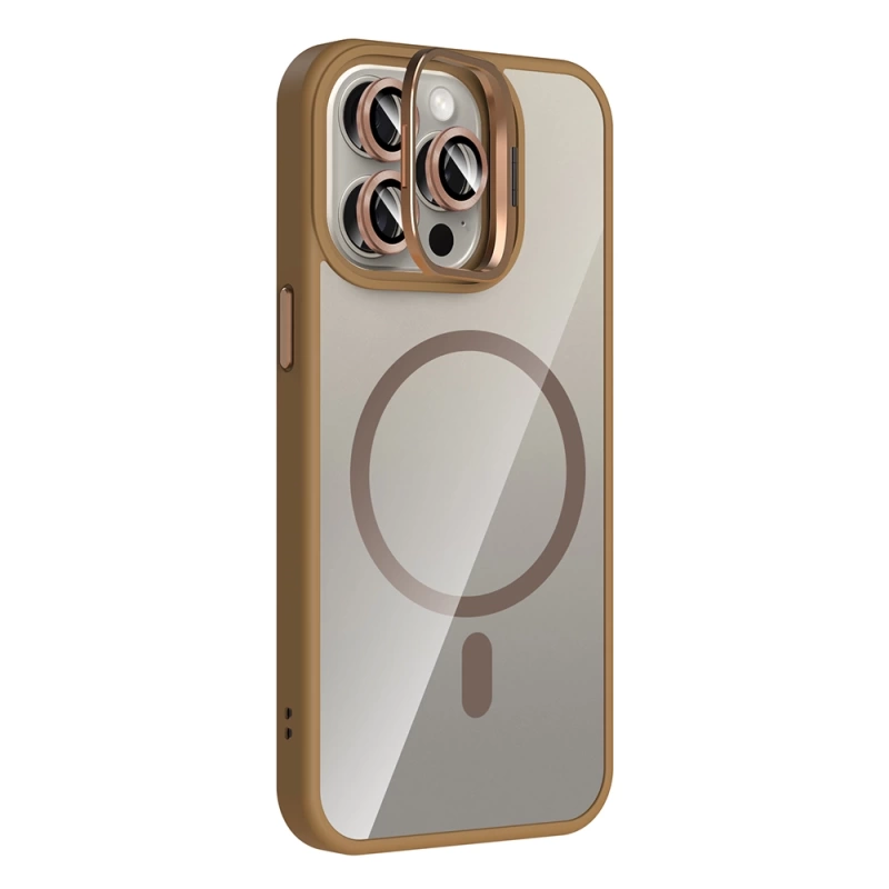 Apple iPhone 15 Pro Kılıf Standlı ve Kamera Lens Hediyeli M-Safe Şarj Özellikli Zore Etro Kapak