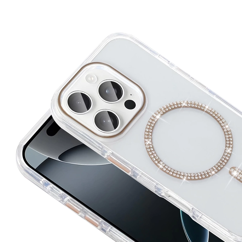 Apple iPhone 15 Pro Kılıf Taşlı Tasarım M-safe Şarj Özellikli Zore Koment Silikon Kapak