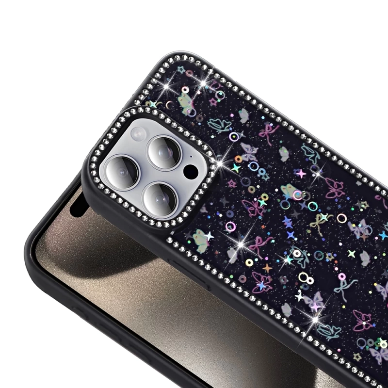 Apple iPhone 15 Pro Kılıf Taşlı ve Simli Tasarım Zore Azra Kapak