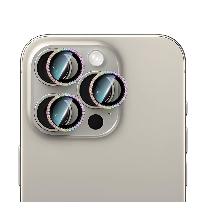 Apple iPhone 15 Pro Max CaseWorld Alloy Sparkling Diamond Serisi Taşlı Lens Koruyucu