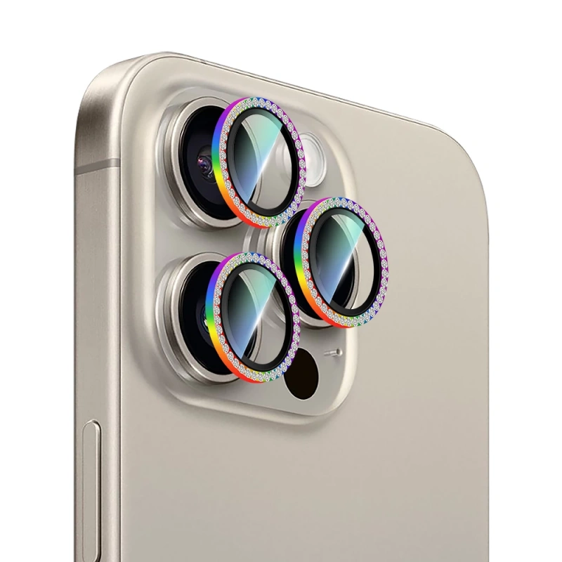 Apple iPhone 15 Pro Max CaseWorld Alloy Sparkling Diamond Serisi Taşlı Lens Koruyucu