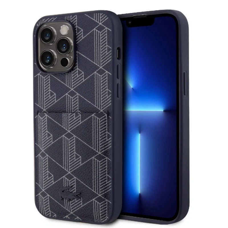 Apple iPhone 15 Pro Max Kılıf Lacoste Orjinal Lisanslı M-safe Şarj Özellikli PU Deri Görünümlü Kartlıklı Karışık Monogram Desenli Kapak