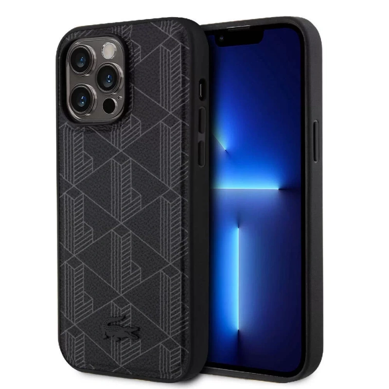 Apple iPhone 15 Pro Max Kılıf Lacoste Orjinal Lisanslı M-safe Şarj Özellikli PU Deri Görünümlü Karışık Monogram Desenli Kapak