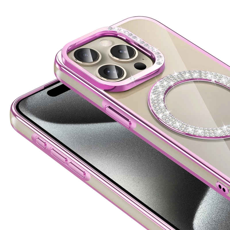 Apple iPhone 15 Pro Max Kılıf Pırlanta Taş Tasarımlı M-safe Şarj Özellikli Zore Karetta Silikon Kapak