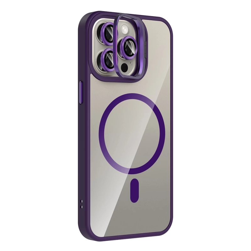 Apple iPhone 15 Pro Max Kılıf Standlı ve Kamera Lens Hediyeli M-Safe Şarj Özellikli Zore Etro Kapak