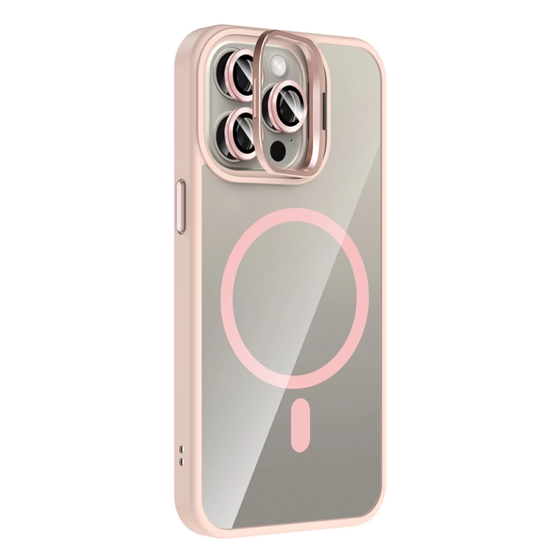Apple iPhone 15 Pro Max Kılıf Standlı ve Kamera Lens Hediyeli M-Safe Şarj Özellikli Zore Etro Kapak