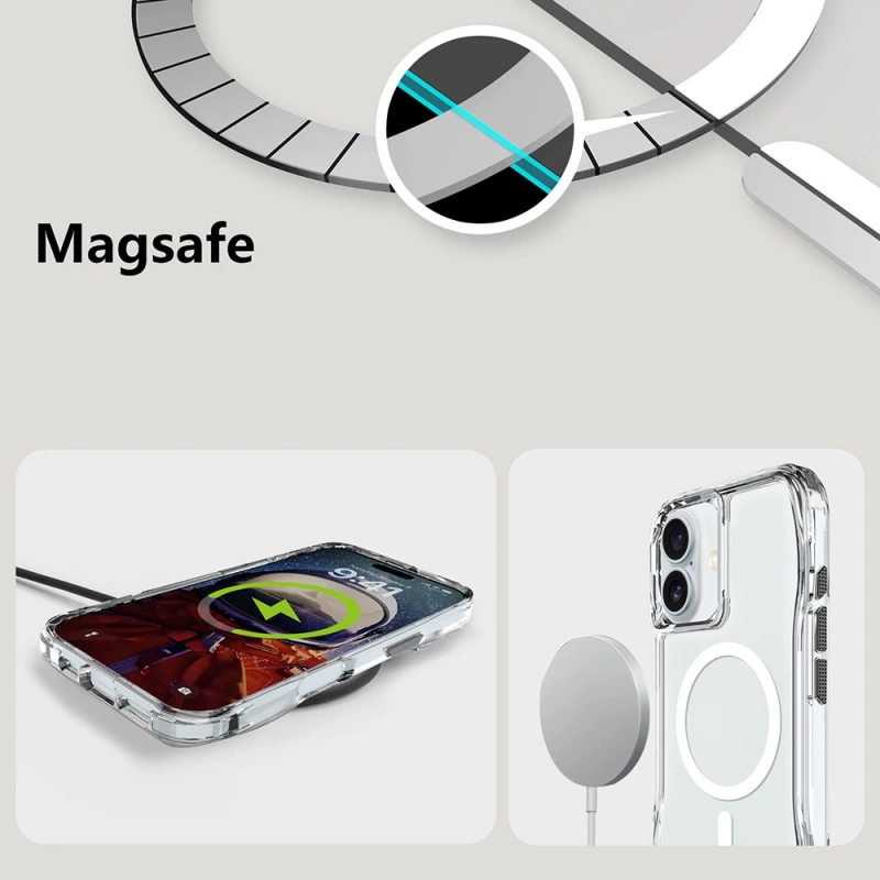 Apple iPhone 16 Kılıf M-safe Şarj Özellikli Airbagli Şeffaf Zore İncek Kapak