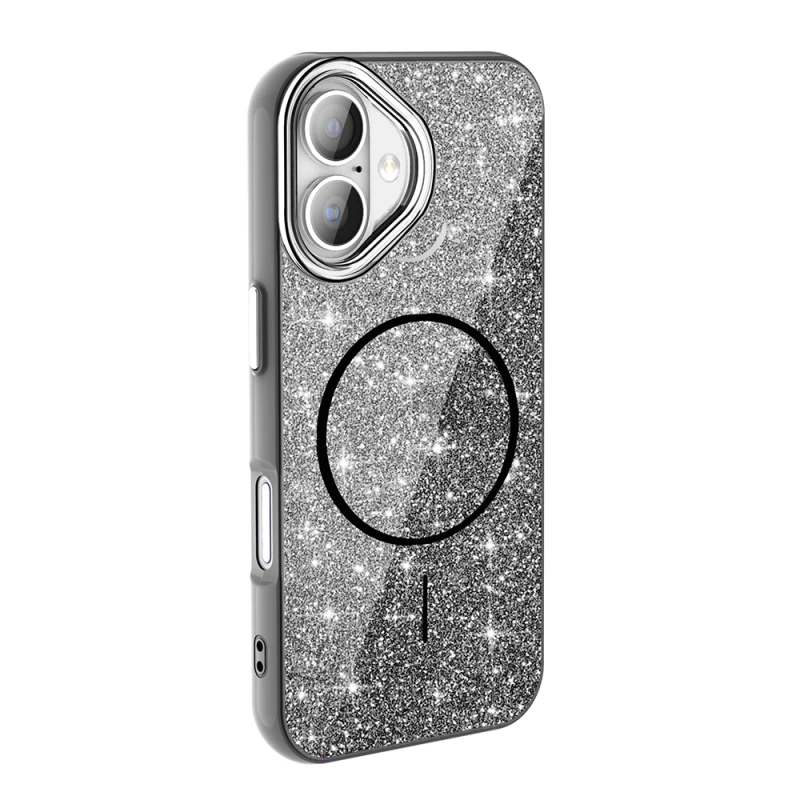 Apple iPhone 16 Kılıf M-safe Şarj Özellikli Parlayan Simli Zore Okso Kapak
